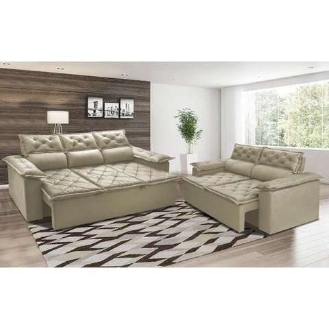 Conjunto de Sofá 3 e 2 Lugares Retrátil e Reclinável Cama Inbox Compact 2.00x1.50M Velusoft Bege