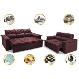 Conjunto de Sofá 3 e 2 Lugares Retrátil e Reclinável Cama Inbox Compact 2.00x1.50M Velusoft - 3