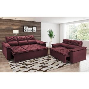 Conjunto de Sofá 3 e 2 Lugares Retrátil e Reclinável Cama Inbox Compact 2.00x1.50M Velusoft
