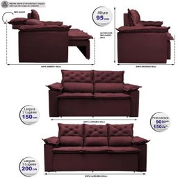 Conjunto de Sofá 3 e 2 Lugares Retrátil e Reclinável Cama Inbox Compact 2.00x1.50M Velusoft - 2