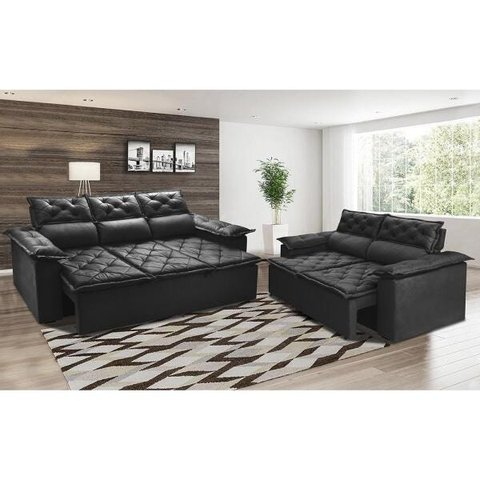 Conjunto de Sofá 3 e 2 Lugares Retrátil e Reclinável Cama Inbox Compact 2.00x1.50M Velusoft