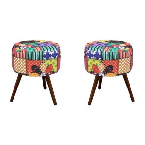 Kit 2 Puff Decorativo Redondo Suede Patchwork