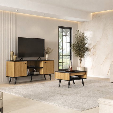 Conjunto Sala de Estar Tóquio 2 Peças, Rack para TV e Mesa Centro Cor Lamina Mel / Preto C00D1350MC