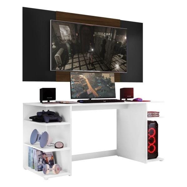 Mesa Gamer Escrivaninha com Painel Tv 65 Polegadas Guilda Multimóveis Branco/Preto/Madeirado - 2