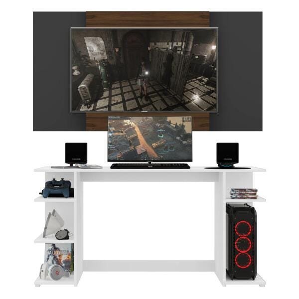 Mesa Gamer Escrivaninha com Painel Tv 65 Polegadas Guilda Multimóveis Branco/Preto/Madeirado - 5