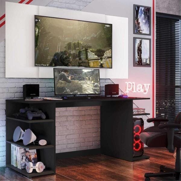 Mesa Gamer Escrivaninha com Painel Tv 65 Polegadas Guilda Multimóveis Preto/Branco - 1