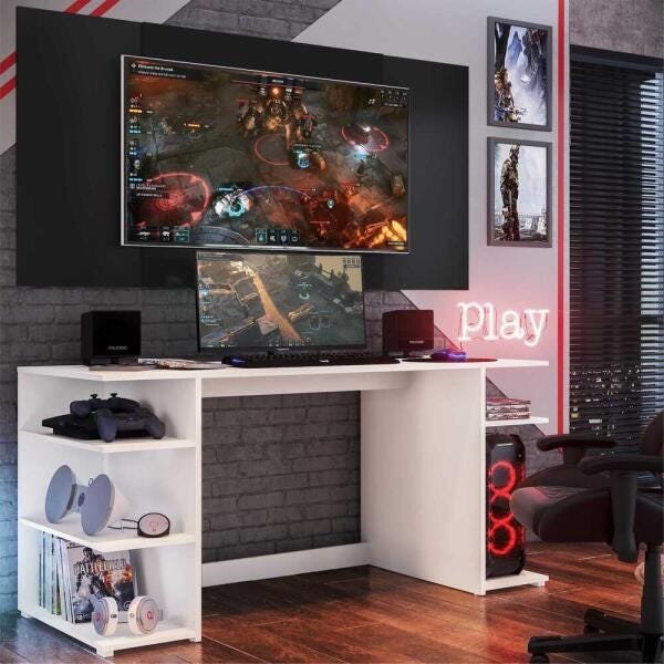 Mesa Gamer Escrivaninha com Painel Tv 65 Polegadas Guilda Multimóveis Branco/Preto