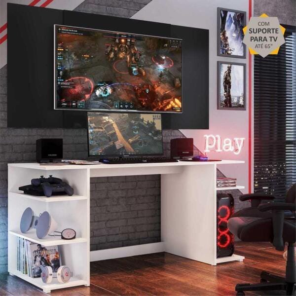 Mesa Gamer com Painel e Suporte Tv 65 Polegadas Guilda Multimóveis Branco/Preto - 1