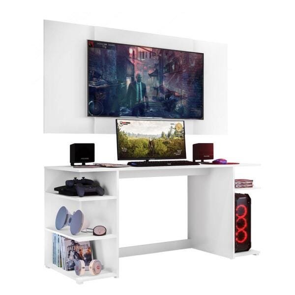 Mesa Gamer Escrivaninha com Painel Tv 55" Guilda Multimóveis Branca - 1