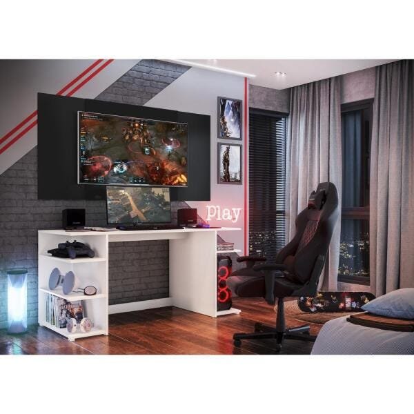 Mesa Gamer Escrivaninha com Painel Tv 55" Guilda Multimóveis Branco/Preto - 7
