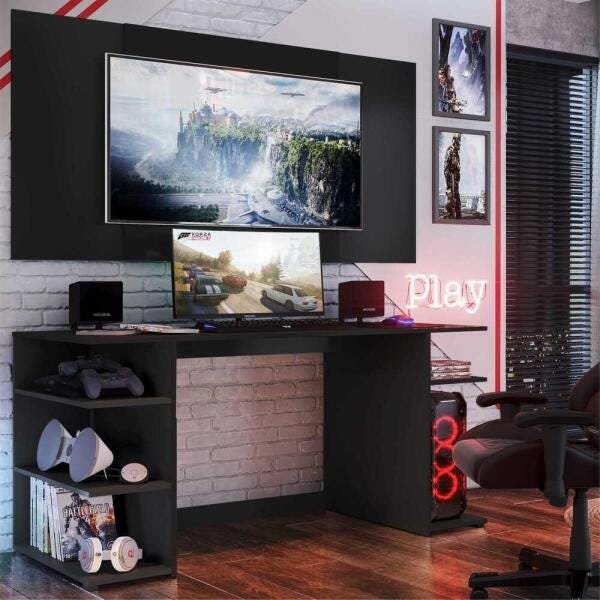 Mesa Gamer Escrivaninha com Painel Tv 55" Guilda Multimóveis Preta - 2