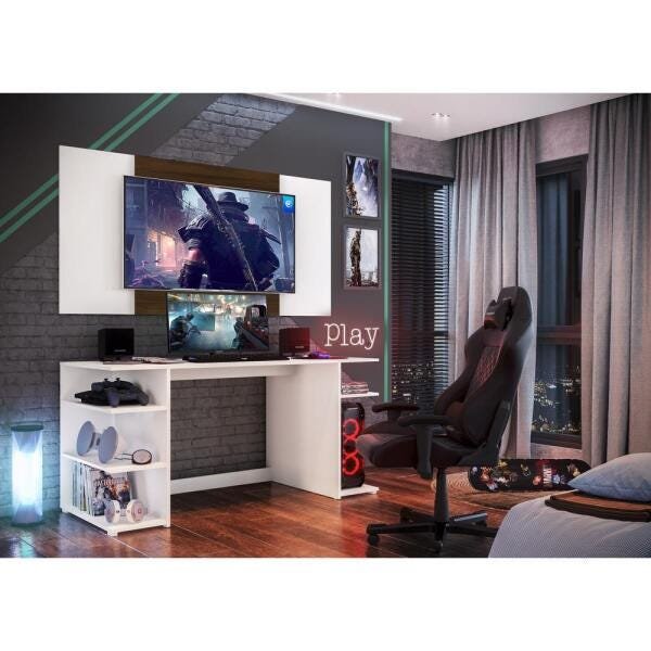 Mesa Gamer Escrivaninha com Painel Tv 55" Guilda Multimóveis Branco/Madeirado - 7