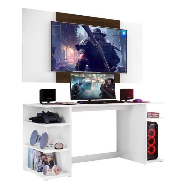 Mesa Gamer Escrivaninha com Painel Tv 55" Guilda Multimóveis Branco/Madeirado - 1