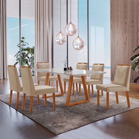 Conjunto Sala de Jantar Mesa Viena Madeira Maciça 160x90cm Tampo Retângular Vidro Off White com 6 Ca