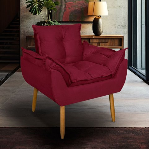 Poltrona Opala para Sala Clínica Salão Pés de Madeira Suede Bordo