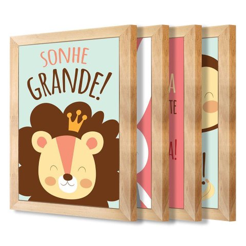 Kit 4 Quadros Infantil Leão Animais Bichos Frases 20x30cm Titulo Moldura Mel