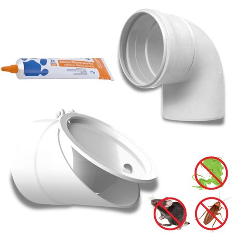 Válvula de Retenção Esgoto para Canos 75mm + Joelho 90º 75mm + Adesivo Pvc Incolor Bisnaga 17g