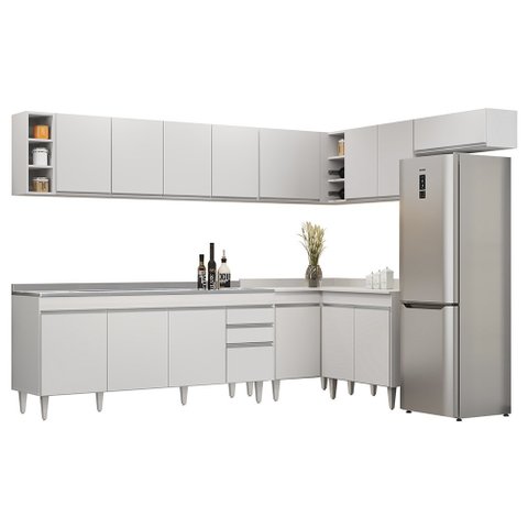 Armário de Cozinha Modulado de Canto 8 Peças Cp27 com Pia Inox Branco - Lumil Lumil Móveis