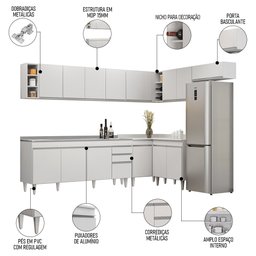 Armário de Cozinha Modulado de Canto 8 Peças Cp27 com Pia Inox Branco - Lumil Lumil Móveis - 3