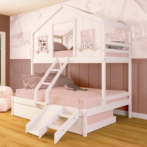 Treliche Casal/ Solteiro Casinha Dos Sonhos Kit Escada/ Escorregador Madeira Maciça Branco