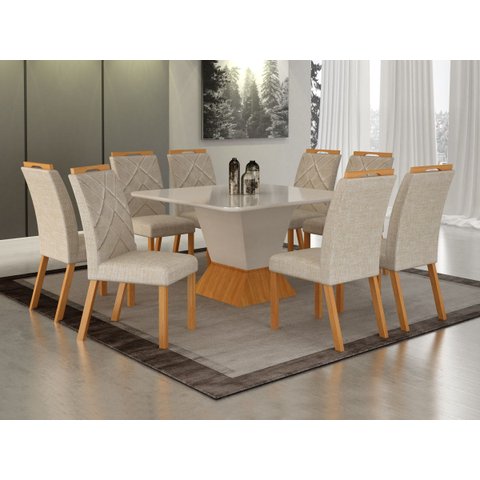 Conjunto Sala de Jantar Larissa 1,35m Tampo Copo Off com 8 Cadeiras Cinamomo/Off/Linho Palha