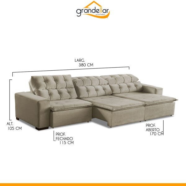 Sofá Grande 3,80M Retrátil Mola Bonel D28 Pillow Reclinável Alasca Veludo Prata - Grandellar - 3