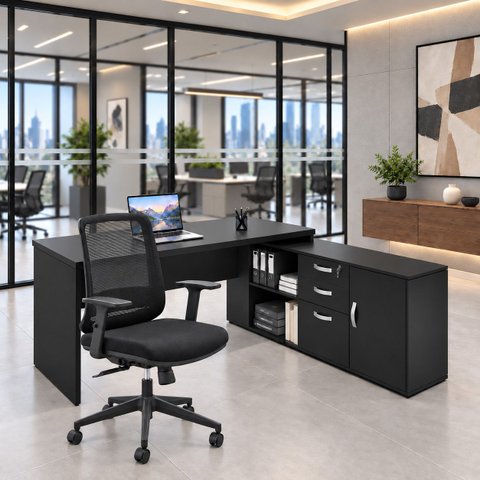 Conjunto Mesa Pedestal Presidente em L + Cadeira de Escritório Ergonômica Armário Lateral 3 Gavetas