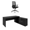 Ver imagem 2 de Conjunto Mesa Pedestal Presidente em L + Cadeira de Escritório Ergonômica Armário Lateral 3 Gavetas