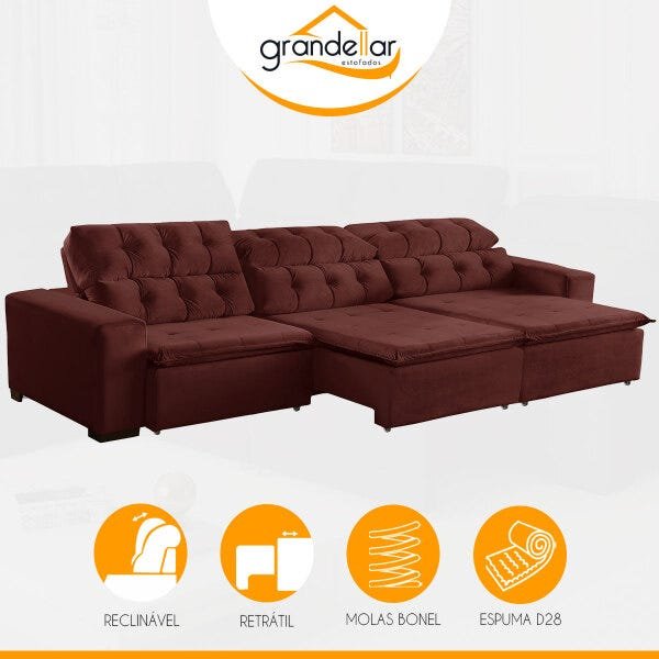 Sofá Grande 3,20M Retrátil Mola Bonel D28 Pillow Reclinável Alasca Veludo Vermelho - Grandellar - 4