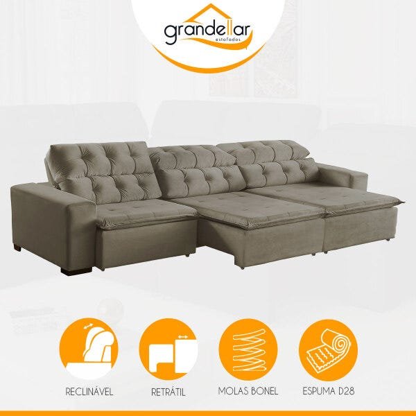 Sofá Grande 3,20M Retrátil Mola Bonel D28 Pillow Reclinável Alasca Veludo Bege - Grandellar - 4