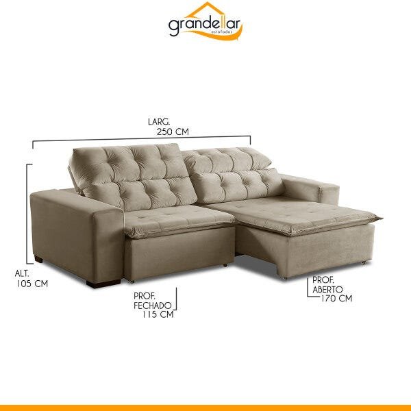 Sofá Retrátil 2,50M Mola Bonel D28 Pillow Reclinável Alasca Veludo Prata - Grandellar - 3