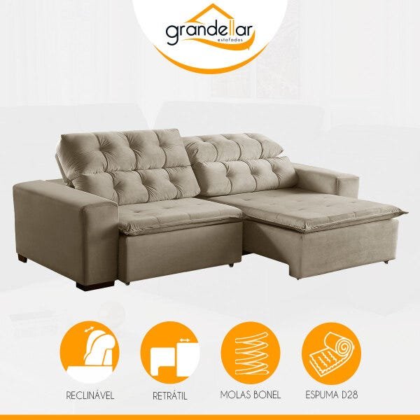 Sofá Retrátil 2,50M Mola Bonel D28 Pillow Reclinável Alasca Veludo Prata - Grandellar - 4