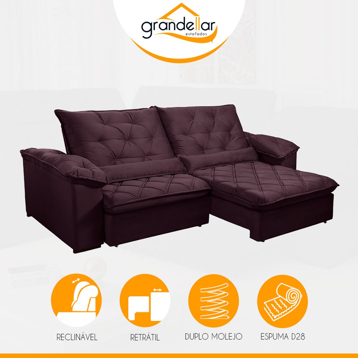 Sofá Retrátil 230 Cm 4 Lugares Duplo Molejo Pillow D28 Portinari Veludo Roxo - Grandellar - 4