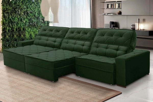 Sofá Retrátil 3,50M 6 Lugares Duplo Molejo Reclinável D28 Passion Veludo Verde - Grandellar - 1