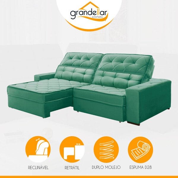 Sofá Retrátil 2,70M 4 Lugares Duplo Molejo Reclinável D28 Passion Veludo Azul Claro - Grandellar - 4