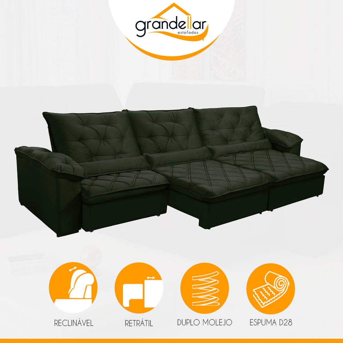Sofá Retrátil 380 Cm 7 Lugares Duplo Molejo Pillow D28 Portinari Veludo Verde - Grandellar - 4