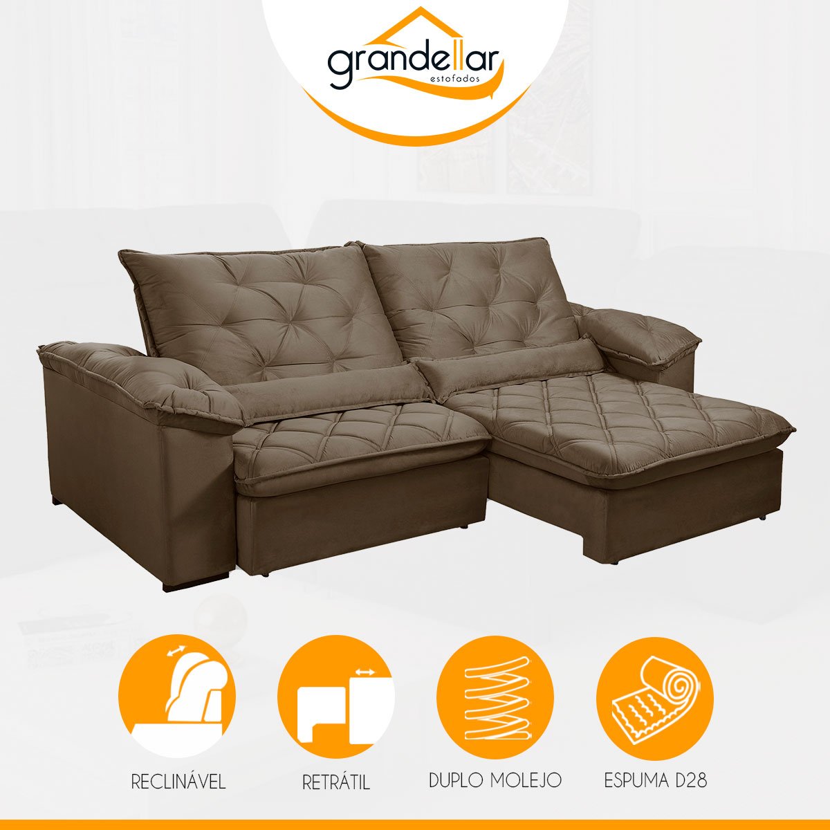 Sofá Retrátil 290 Cm 5 Lugares Duplo Molejo Pillow D28 Portinari Veludo Bege Escuro - Grandellar - 4