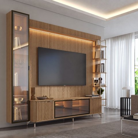 Estante para TV Home Theater 85" 100% MDF 291cm Prateleiras Cristaleira Vidro Reflecta LED Carvalho