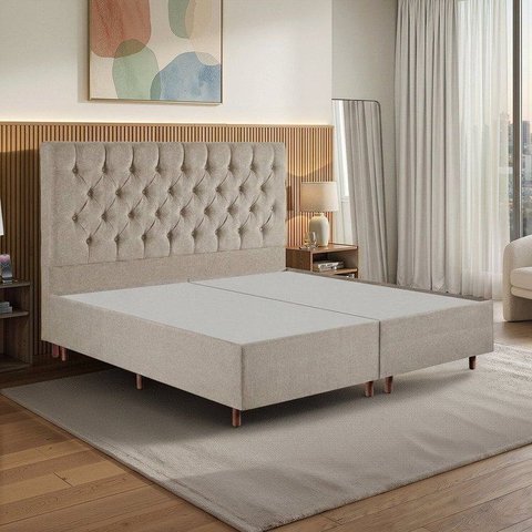 Kit Cama Box King e Cabeceira em Madeira Maciça Estofada Espresso Móveis Bege/Linho