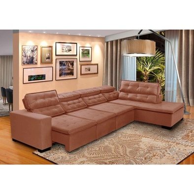 Sofá Canto Chaise D 2,80M x 2,20M Retrátil Mola Bonnel Pillow Stillo Veludo  Bege Escuro - Grandellar | MadeiraMadeira