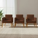 Ver imagem 1 de Kit 3 Poltronas Decorativas Lis para Sala Quarto Recepção Linho Terracota Corino Assento Confortável
