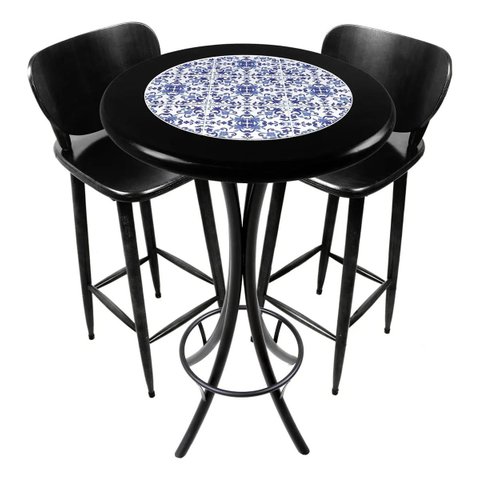 Conjunto Mesa Bistrô Alta Redonda 60cm + 2 Banquetas Bar Varanda Pub - Azulejo Português - Preta
