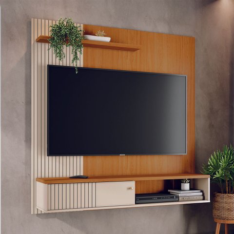 Painel Suspenso Aurora 160cm para TV 65 pol MDP/MDF Frisado Porta Deslizante UV - Cinamomo/Offwhite
