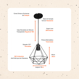 Luminária Pendente Diamante Lustre Aramado Retrô Elegance:Preto/P - 2
