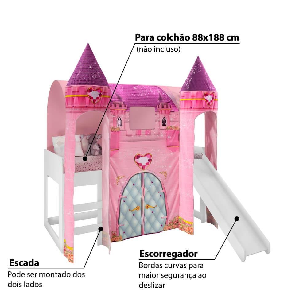 Cama Infantil Alta Joy com Escorregador e 2 Dosséis Torre Castelo - Rosa/Branco - 3