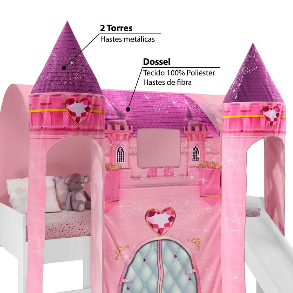 Cama Infantil Alta Joy com Escorregador e 2 Dosséis Torre Castelo - Rosa/Branco - 4