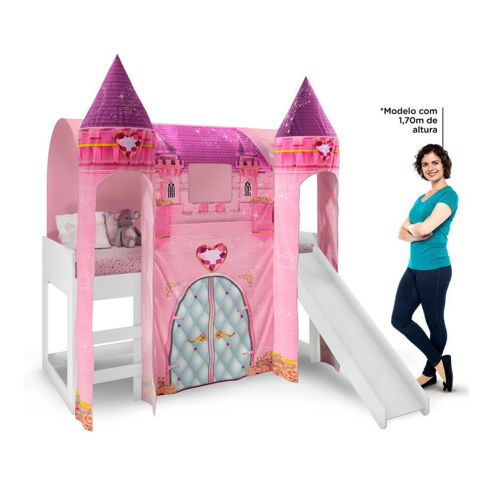 Cama Infantil Alta Joy com Escorregador e 2 Dosséis Torre Castelo - Rosa/Branco - 5