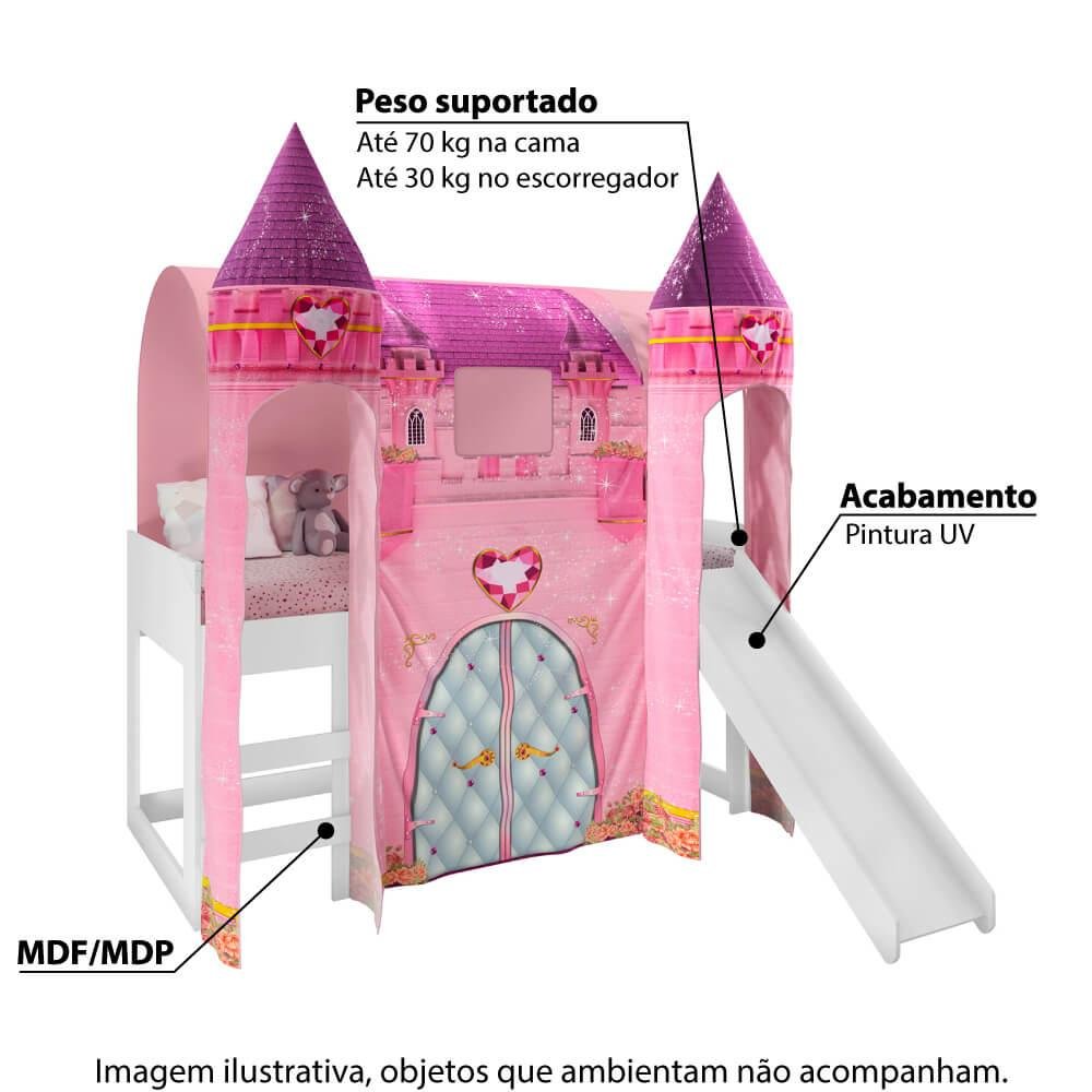 Cama Infantil Alta Joy com Escorregador e 2 Dosséis Torre Castelo - Rosa/Branco - 2