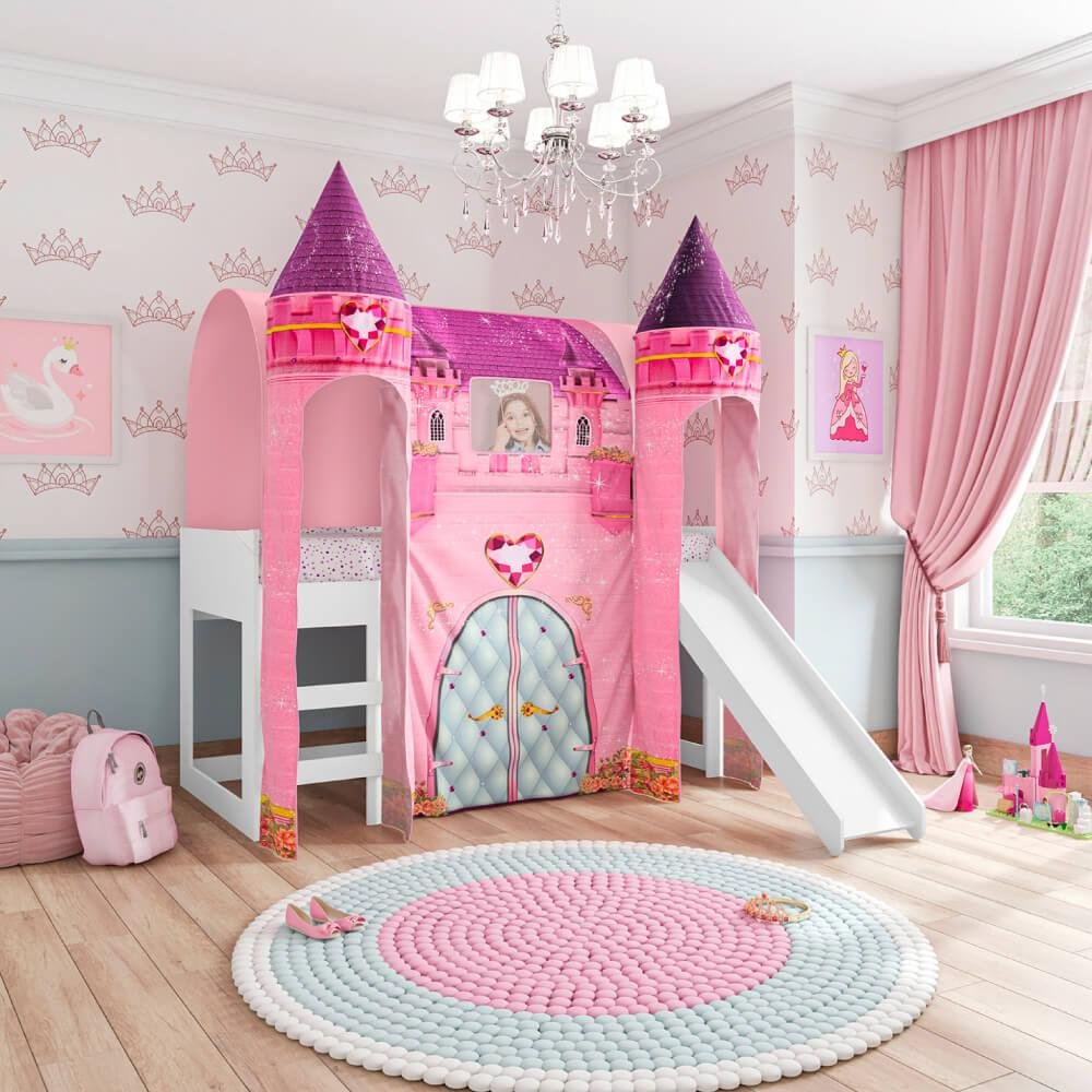 Cama Infantil Alta Joy com Escorregador e 2 Dosséis Torre Castelo - Rosa/Branco