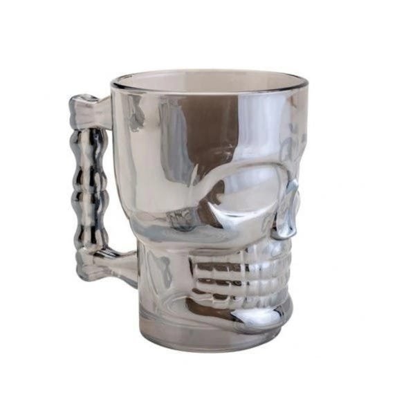 Caneca Chopp Cerveja Vidro Caveira Rock 510 Ml Cinza